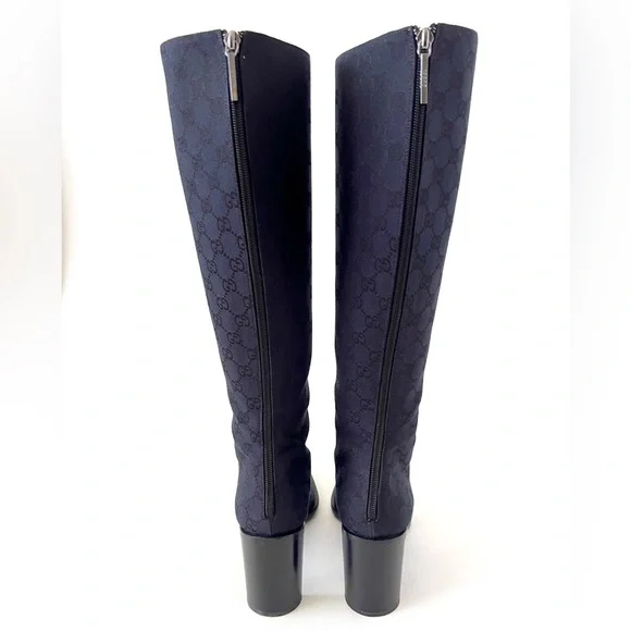 GUCCI || Vintage Y2K GG Monogram Canvas Square Toe Block Heel Knee High Boots - Picture 9 of 16